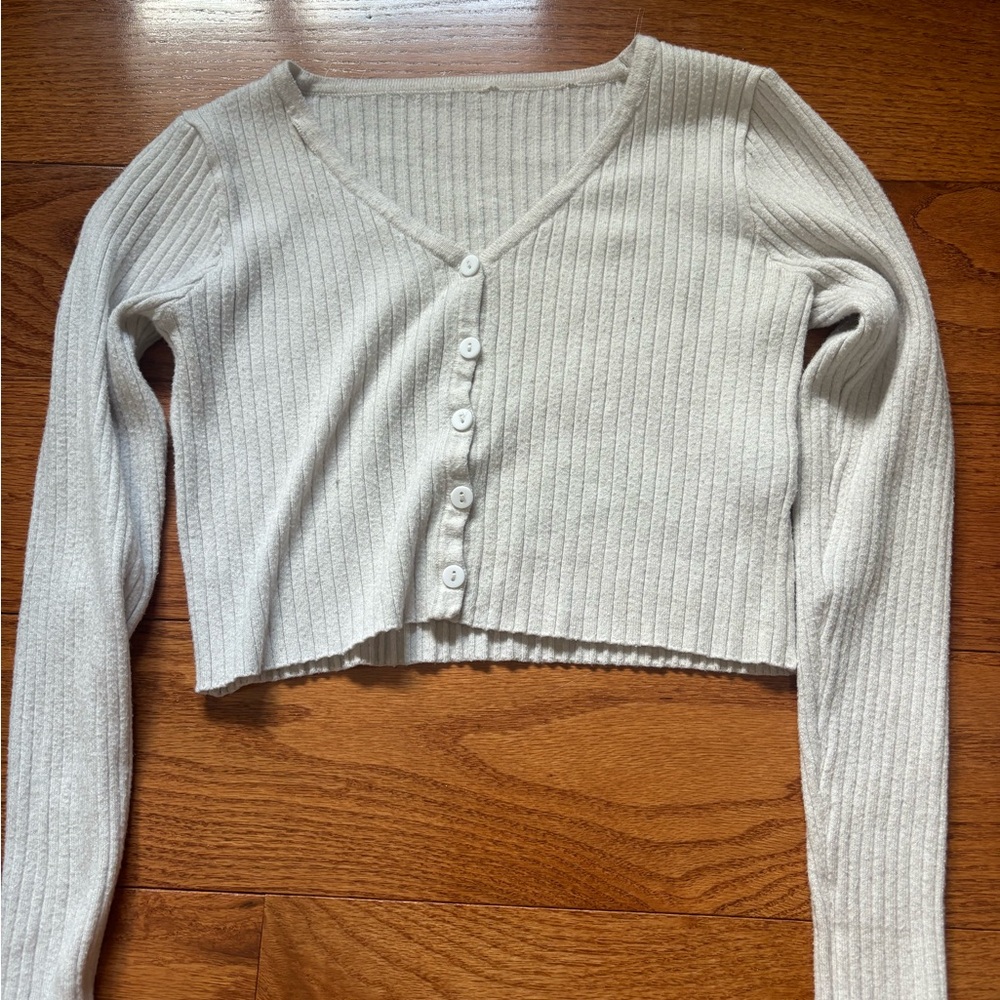White Ribbed Button-Up Cardigan
